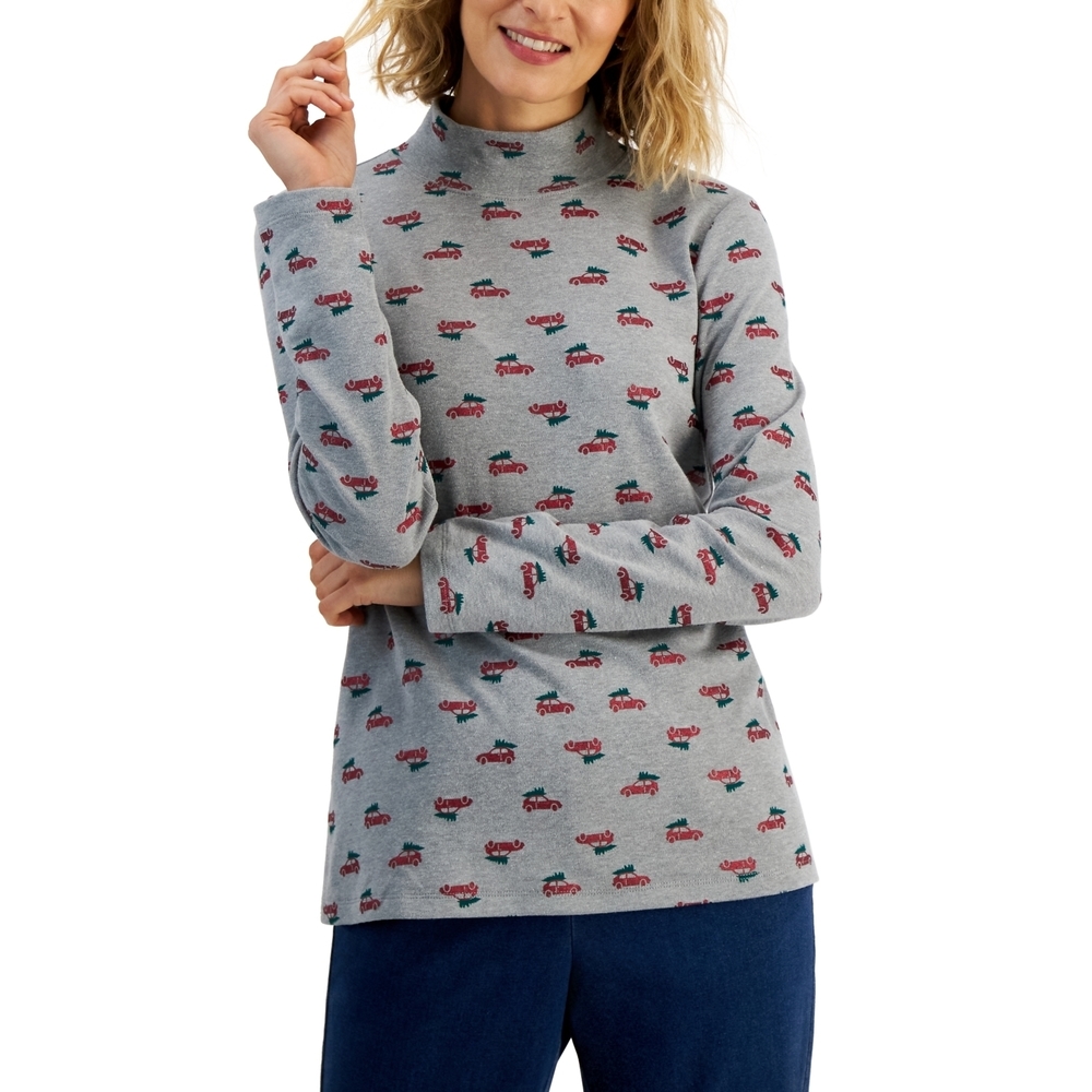 Karen Scott Gray Holiday Mock Neck Top - Medium - Women's Shirts